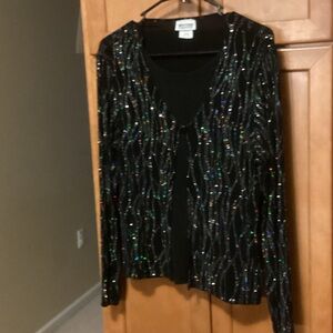 Black Sequin Cardigan with attached round neck top. NWOT